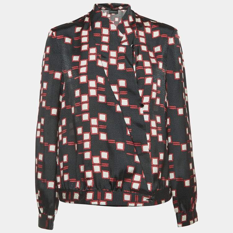 Pre Owned Emporio Armani Black Geometric Print Synthetic Long Sleeve Blouse M
