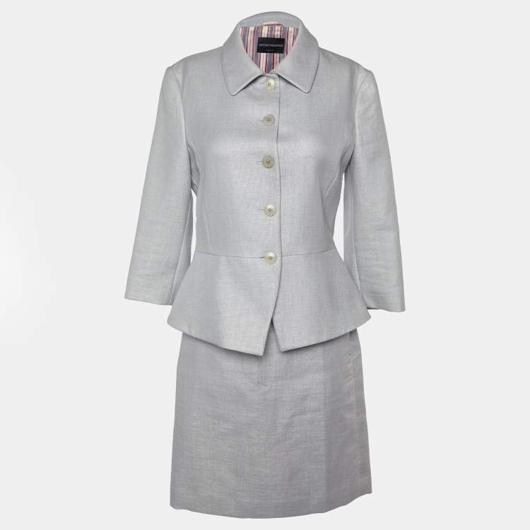 Pre Owned Emporio Armani Grey Nylon Single Breasted Blazer & Skirt Set M