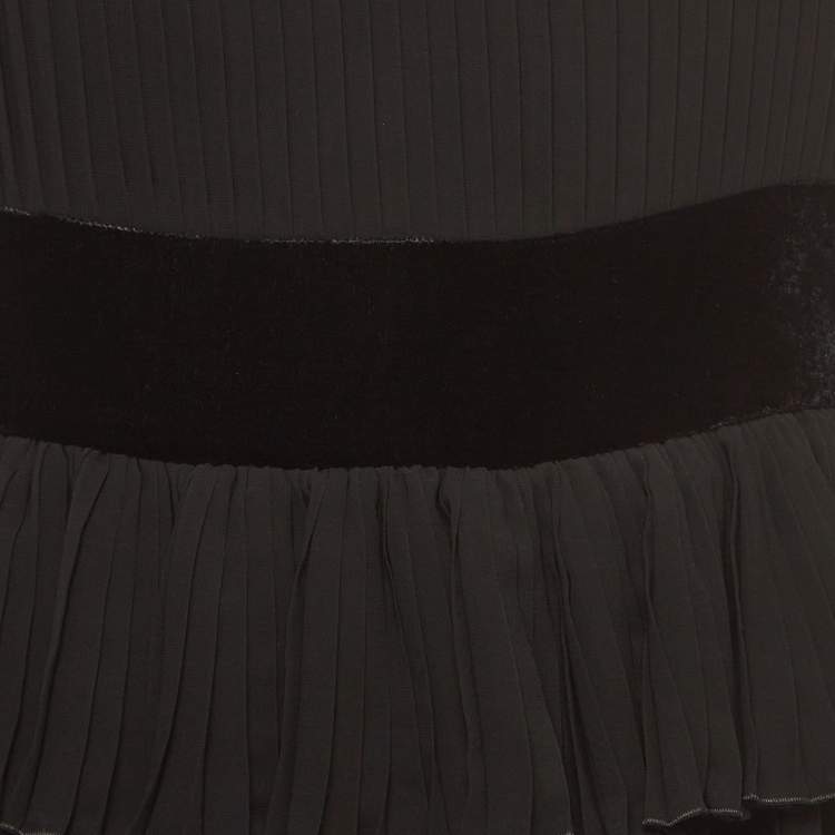 Pre Owned Emporio Armani Black Velvet Trim Crepe Pleated Midi Dress M
