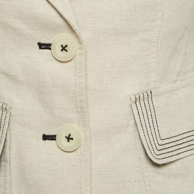 Pre Owned Emporio Armani Cream Contrast Stitch Cotton Blend Single Breasted Blazer S