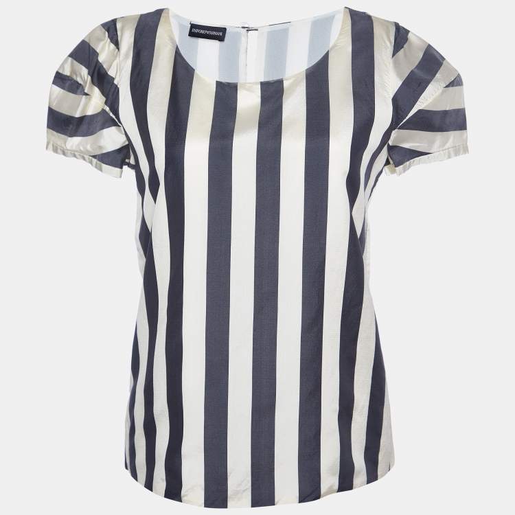 Pre Owned Emporio Armani Cream/Black Striped Silk Blend Top S