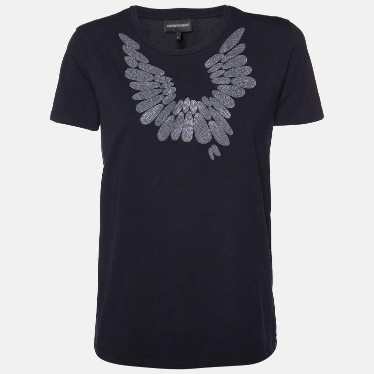 Pre Owned Emporio Armani Black Embellished Cotton Crew Neck T-Shirt M 