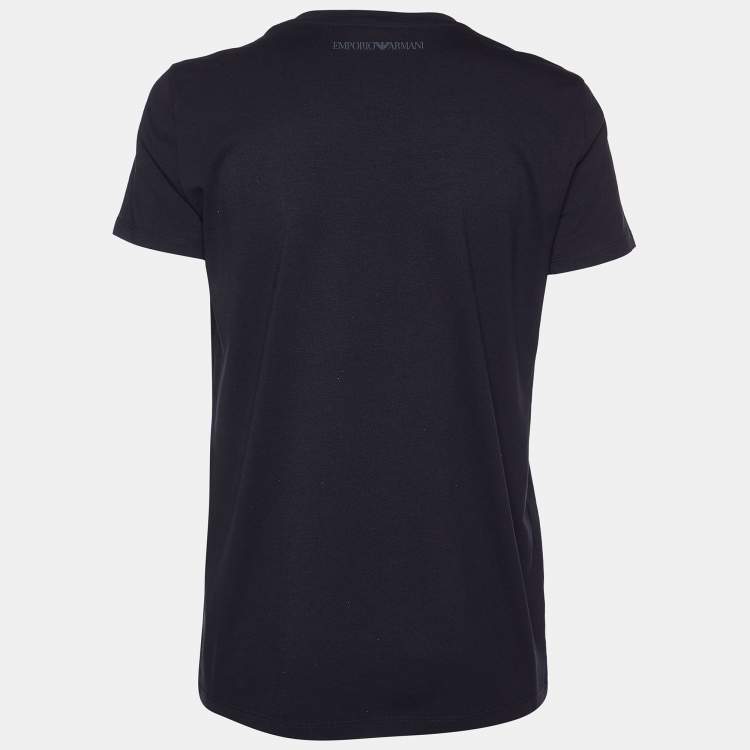 Pre Owned Emporio Armani Black Embellished Cotton Crew Neck T-Shirt M 