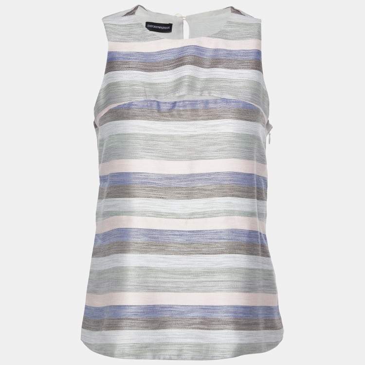 Pre Owned Emporio Armani Grey Striped Cotton & Silk Sleeveless Top S