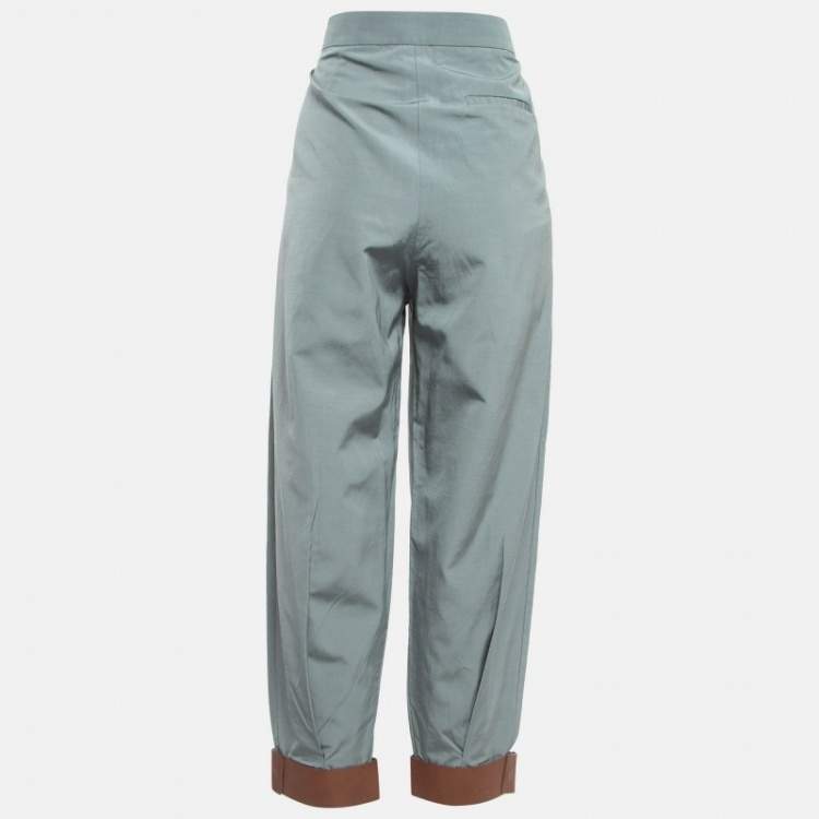 Pre Owned Emporio Armani Grey Leather Trim Crepe High Waist Pants M