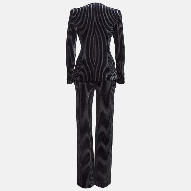 Pre Owned Emporio Armani Navy Blue Stripe Velvet Knit Blazer and Pants Suit M