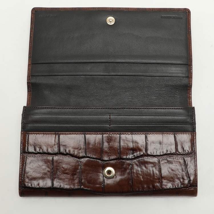 Pre Owned Emporio Armani Brown Alligator Embossed Leather Flap Wallet