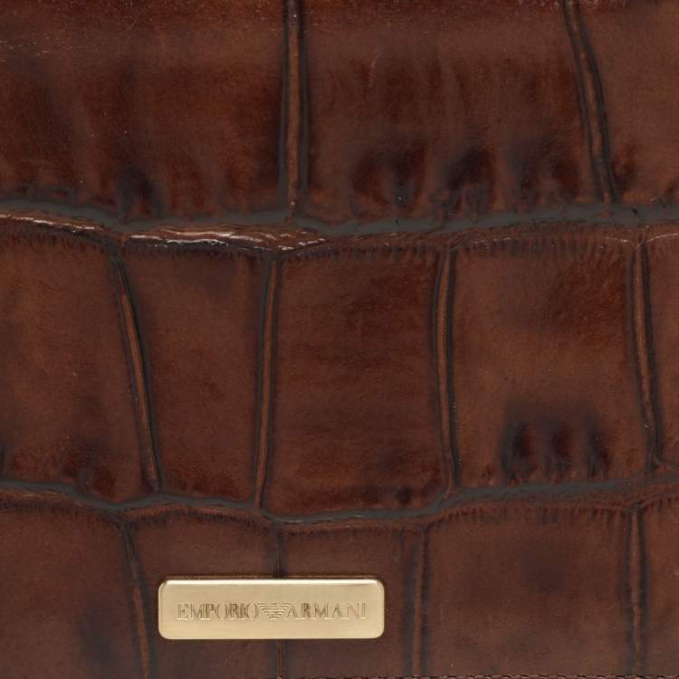 Pre Owned Emporio Armani Brown Alligator Embossed Leather Flap Wallet