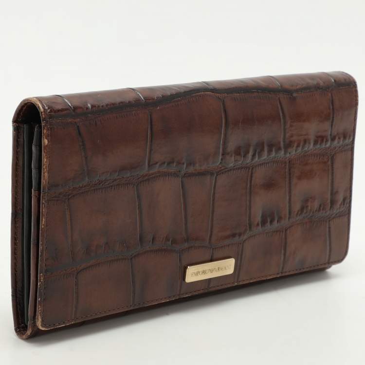 Pre Owned Emporio Armani Brown Alligator Embossed Leather Flap Wallet