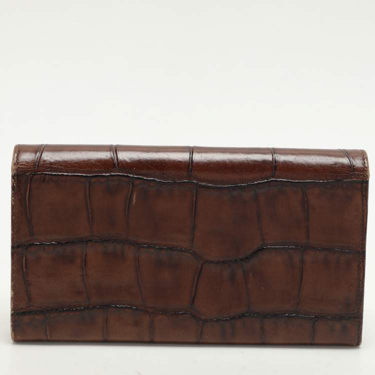 Pre Owned Emporio Armani Brown Alligator Embossed Leather Flap Wallet