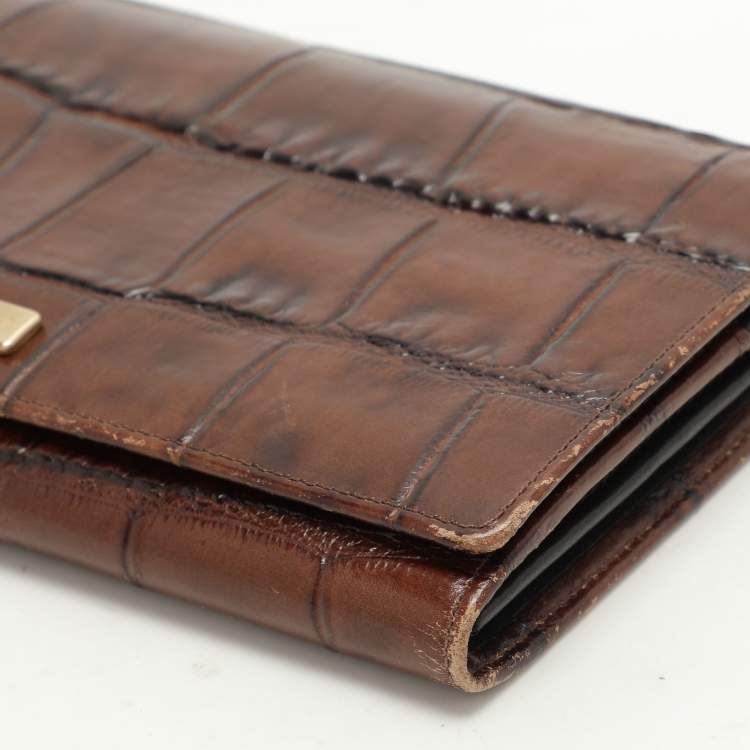 Pre Owned Emporio Armani Brown Alligator Embossed Leather Flap Wallet