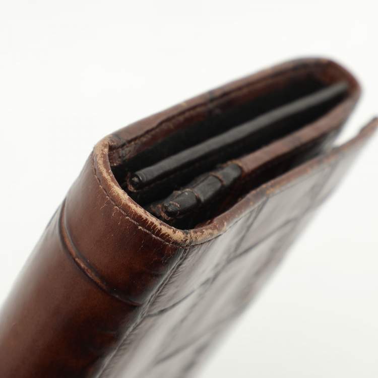 Pre Owned Emporio Armani Brown Alligator Embossed Leather Flap Wallet