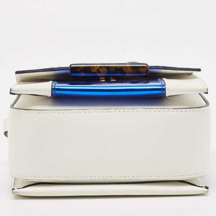 Pre Owned Emporio Armani White/Metallic Blue Leather Small Chain Top Handle Bag