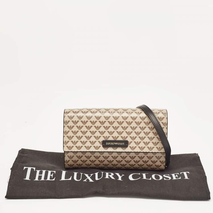 Pre Owned Emporio Armani Beige/Black Logo Print Leather Flap Chain Clutch
