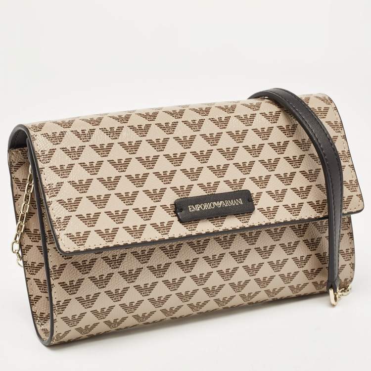 Pre Owned Emporio Armani Beige/Black Logo Print Leather Flap Chain Clutch