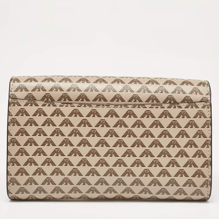 Pre Owned Emporio Armani Beige/Black Logo Print Leather Flap Chain Clutch