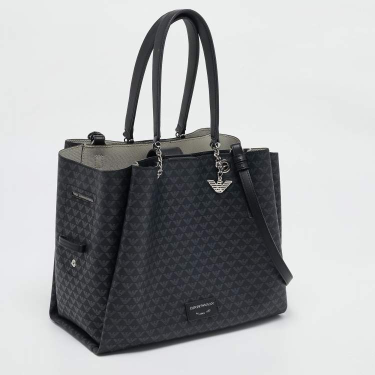 Pre Owned Emporio Armani Black Monogram Faux Leather Annie Tote
