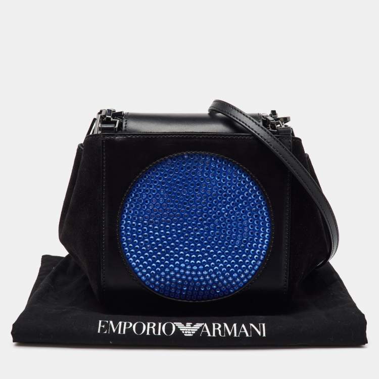Pre Owned Emporio Armani Black/Blue Leather Crystal Embellished Shoulder Bag