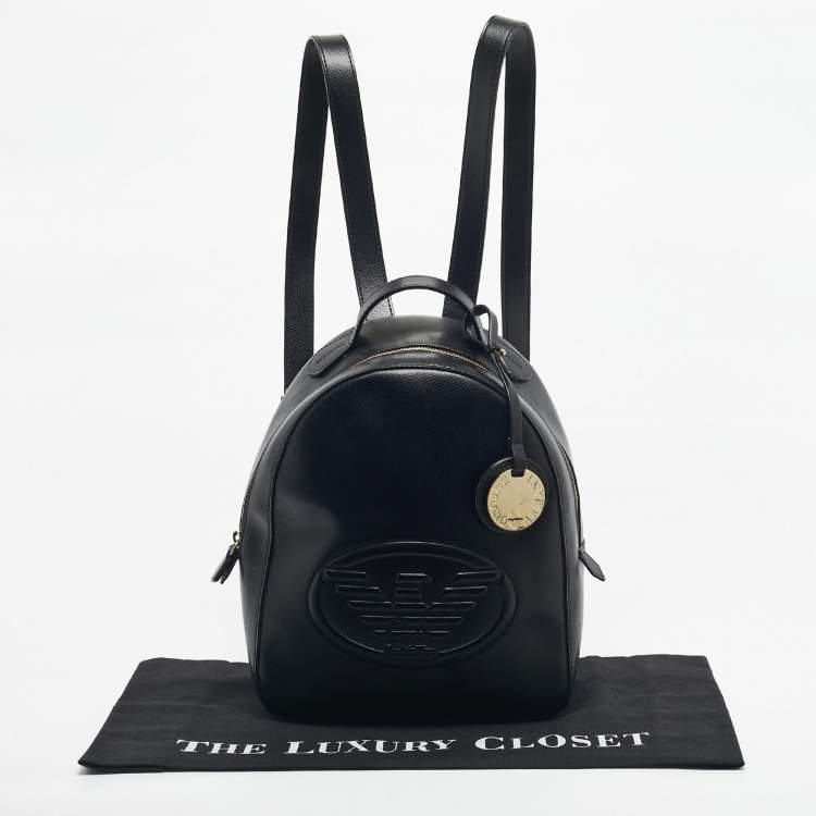 Pre Owned Emporio Armani Black Faux Leather Small Logo Backpack