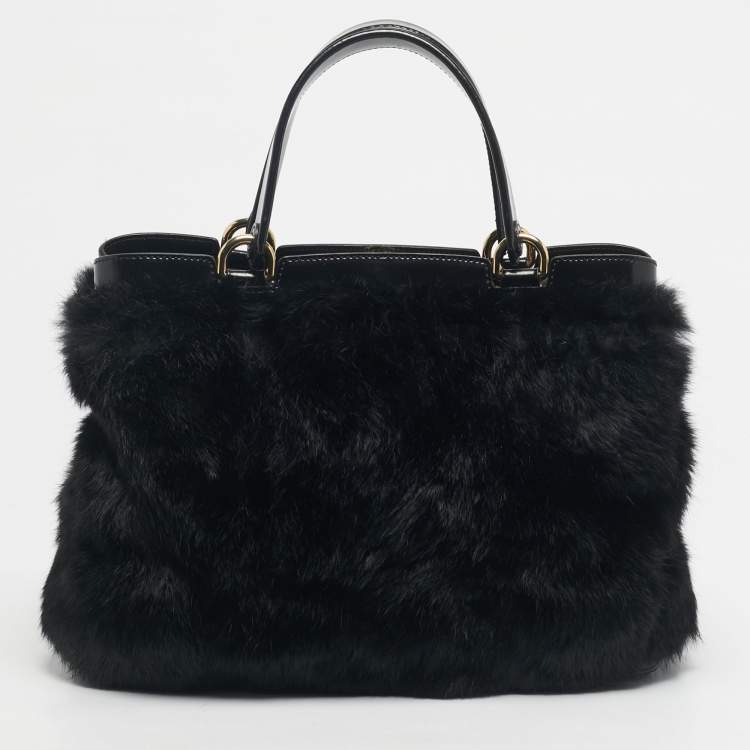 Pre Owned Emporio Armani Black Rabbit Fur and Patent Leather Satchel