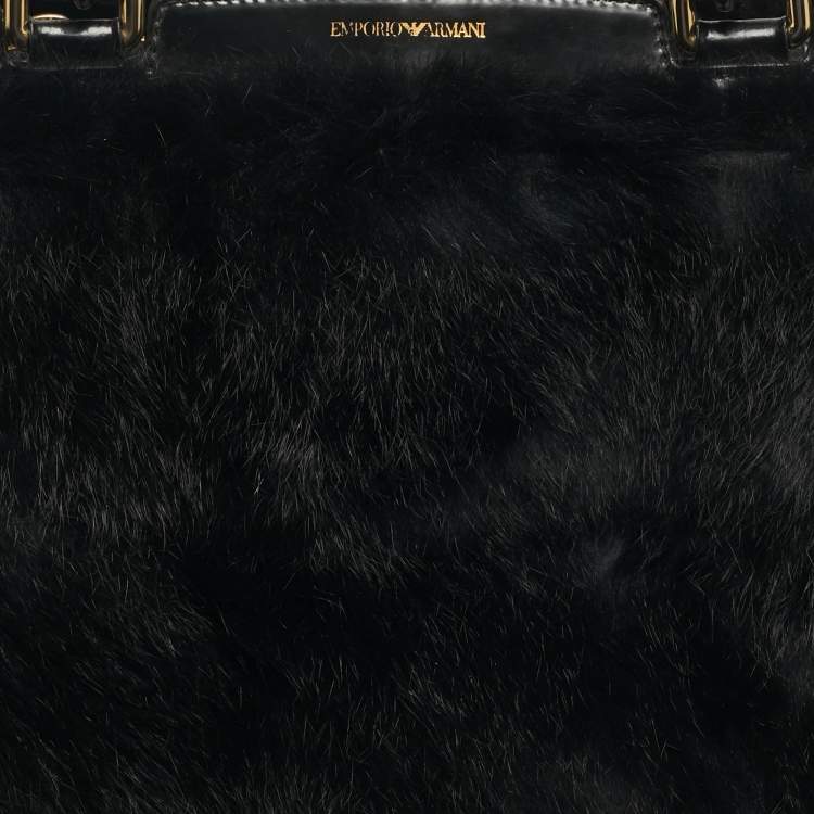 Pre Owned Emporio Armani Black Rabbit Fur and Patent Leather Satchel