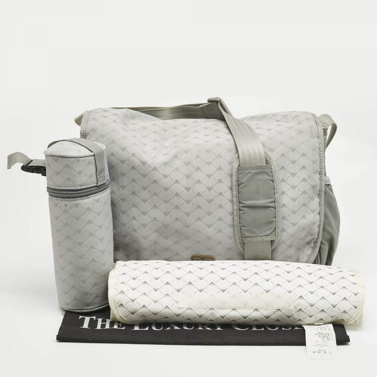 Pre Owned Emporio Armani Grey Logo Jacquard Nylon Baby Changing Bag