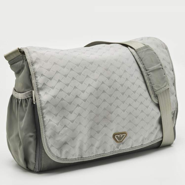 Pre Owned Emporio Armani Grey Logo Jacquard Nylon Baby Changing Bag