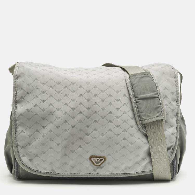 Pre Owned Emporio Armani Grey Logo Jacquard Nylon Baby Changing Bag