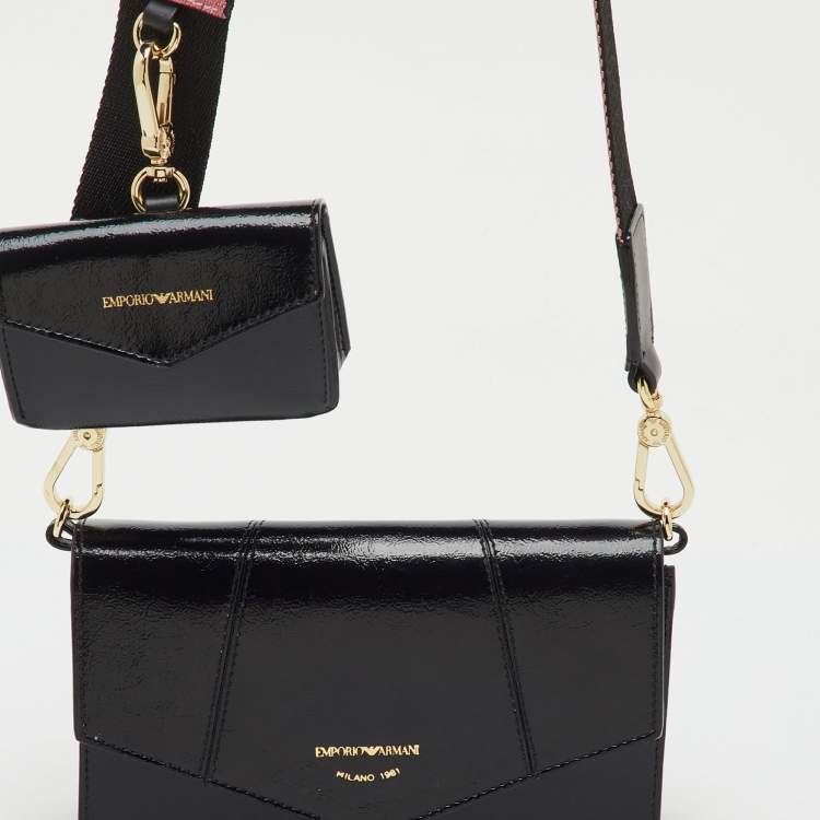 Pre Owned Emporio Armani Black Patent Leather Envelope Flap Crossbody Bag