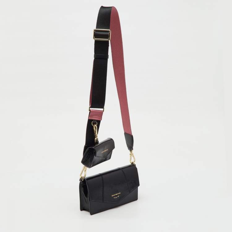 Pre Owned Emporio Armani Black Patent Leather Envelope Flap Crossbody Bag