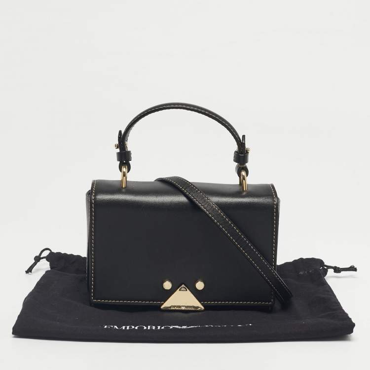 Pre Owned Emporio Armani Black Leather Flap Top Handle Bag