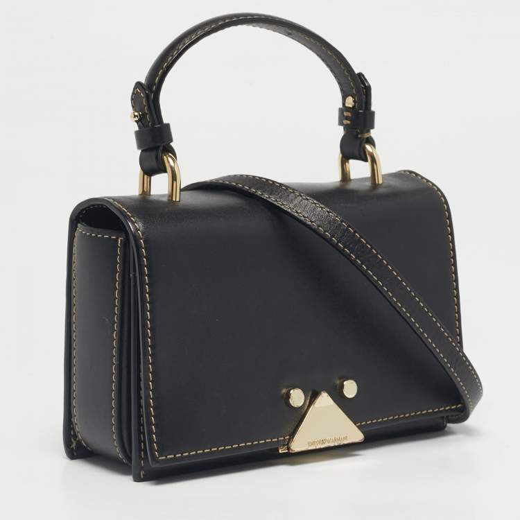 Pre Owned Emporio Armani Black Leather Flap Top Handle Bag