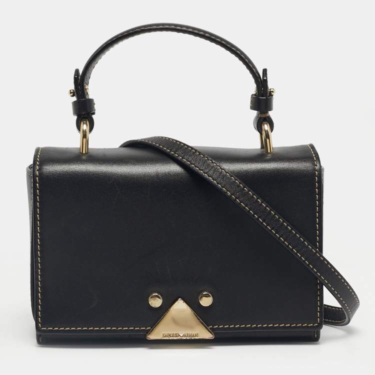 Pre Owned Emporio Armani Black Leather Flap Top Handle Bag