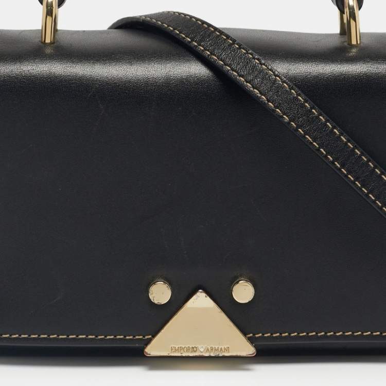 Pre Owned Emporio Armani Black Leather Flap Top Handle Bag
