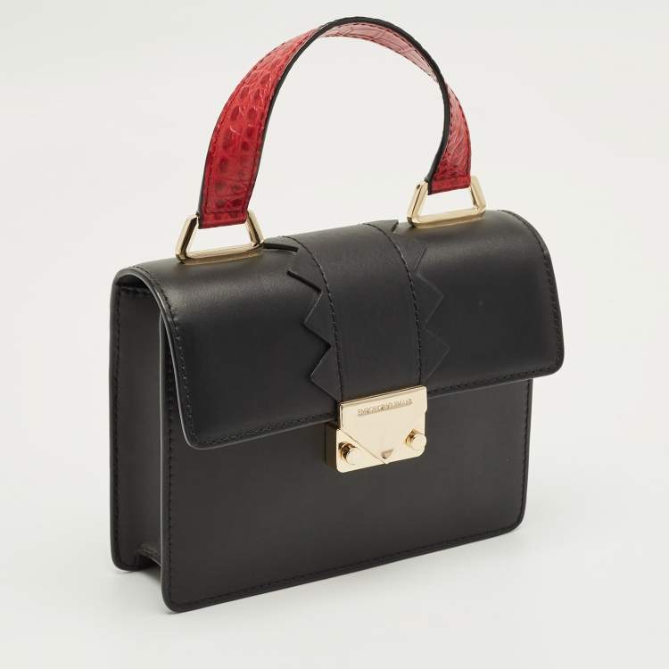 Pre Owned Emporio Armani Black/Red Croc Embossed and Leather Metal Flap Top Handle Bag
