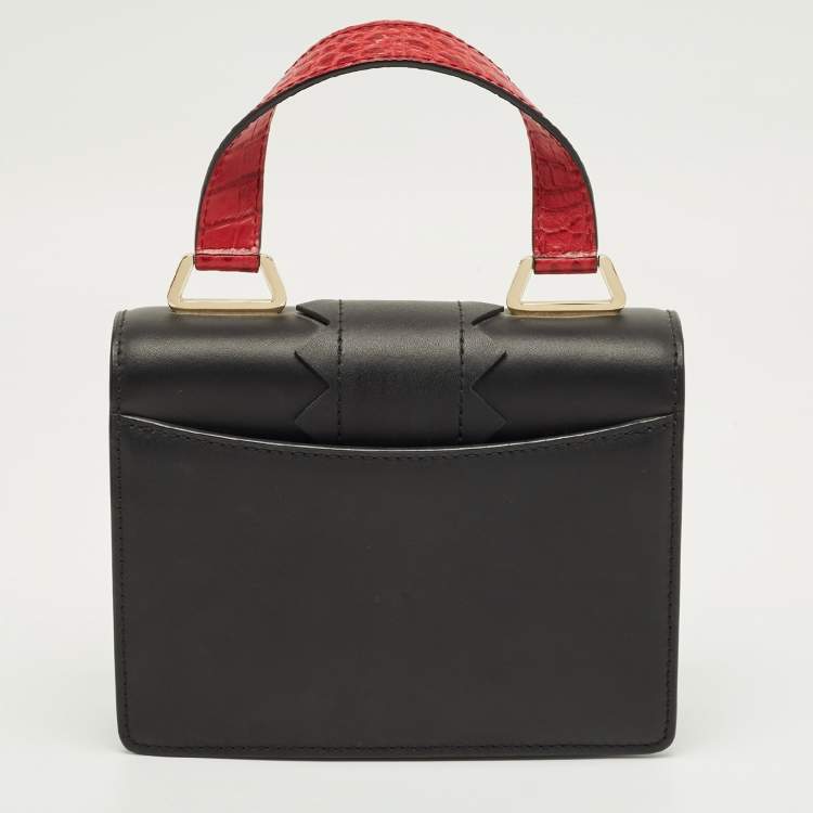 Pre Owned Emporio Armani Black/Red Croc Embossed and Leather Metal Flap Top Handle Bag