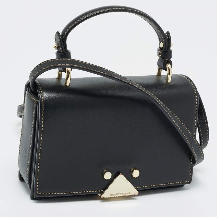 مملوكة مسبقًا Emporio Armani Black Leather Stud Flap Top Handle Bag