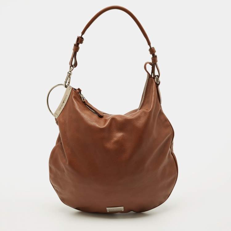 Pre Owned Emporio Armani Logo Brown Leather Hobo