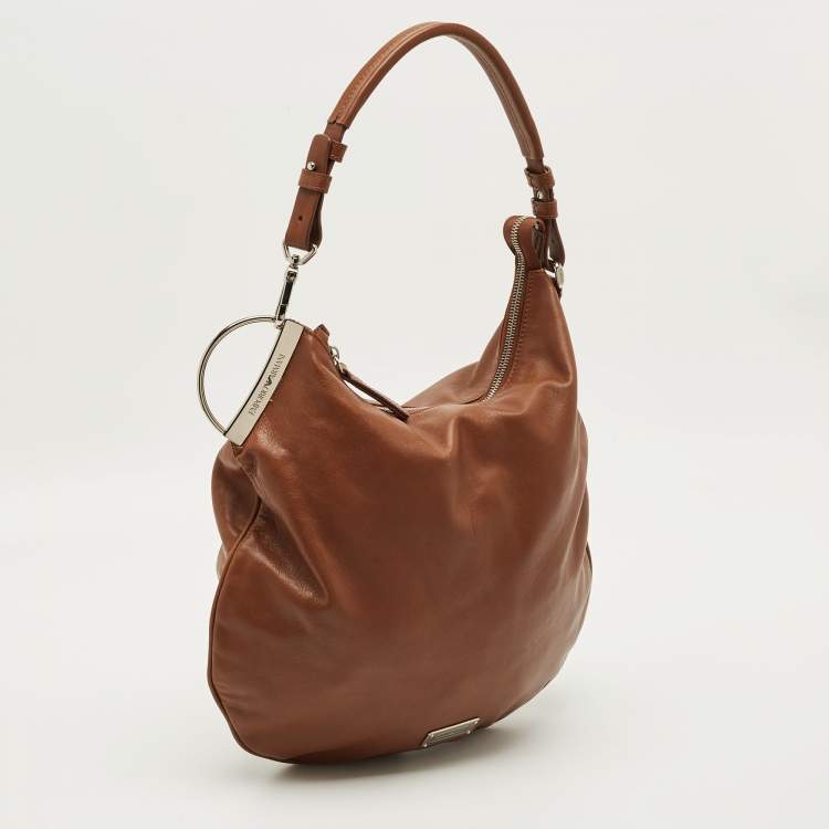 Pre Owned Emporio Armani Logo Brown Leather Hobo