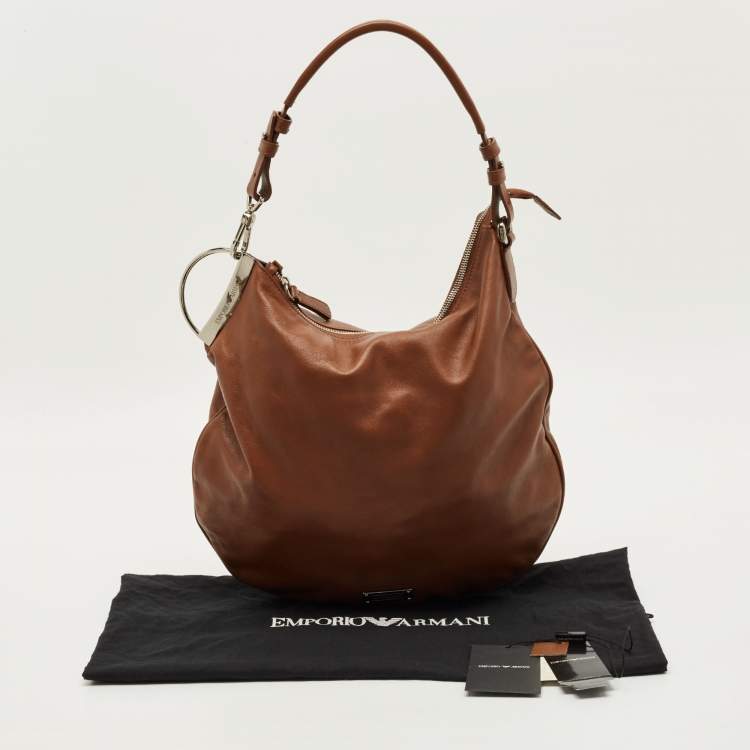 Pre Owned Emporio Armani Logo Brown Leather Hobo