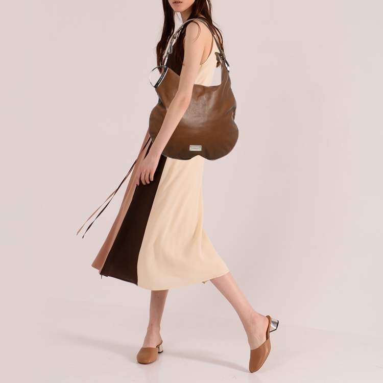 Pre Owned Emporio Armani Logo Brown Leather Hobo