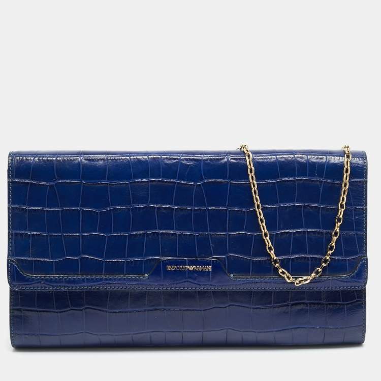 مملوكة مسبقًا Emporio Armani Blue Croc Embossed Leather Chain Clutch