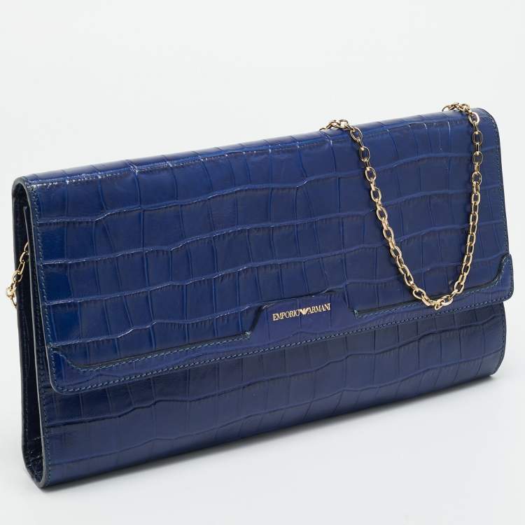 مملوكة مسبقًا Emporio Armani Blue Croc Embossed Leather Chain Clutch