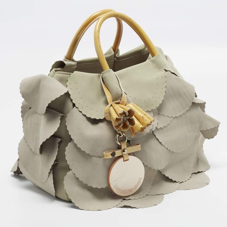 Pre Owned Emporio Armani Scalloped Applique Beige Nylon Tote