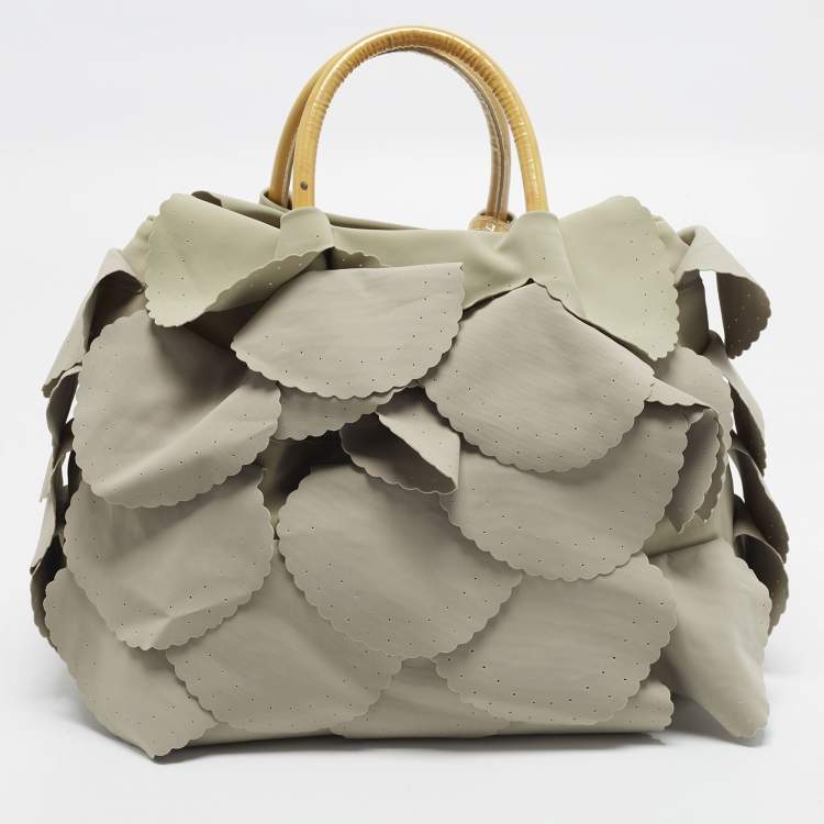 Pre Owned Emporio Armani Scalloped Applique Beige Nylon Tote