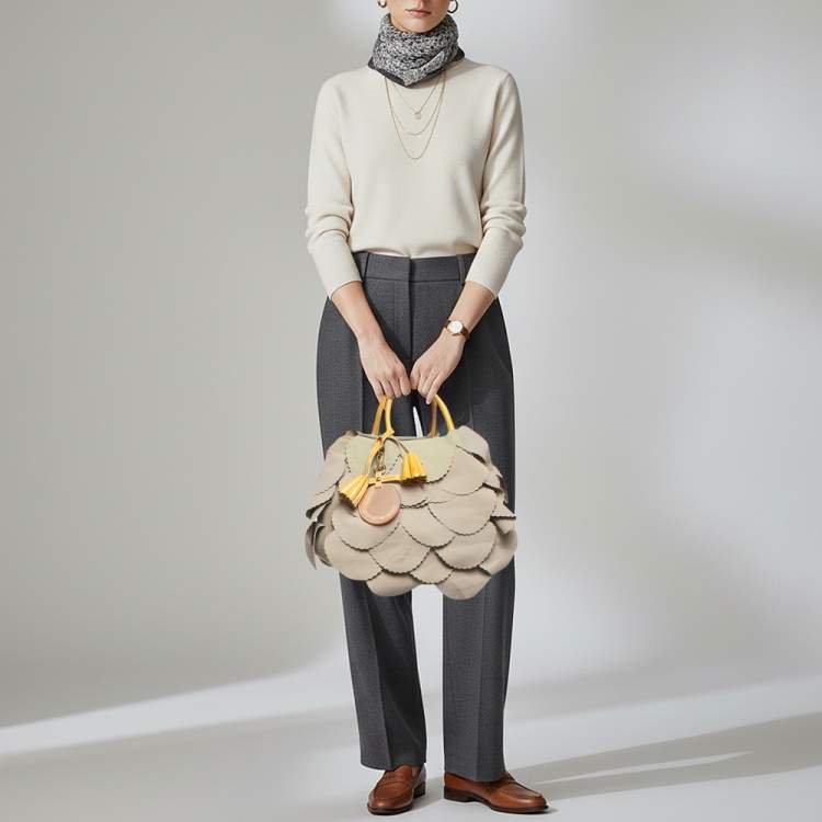 Pre Owned Emporio Armani Scalloped Applique Beige Nylon Tote