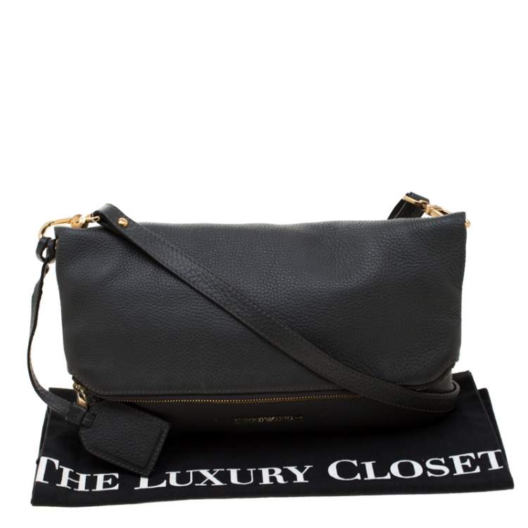 Pre Owned Emporio Armani Grey Leather Zip Flap Convertible Shoulder Bag