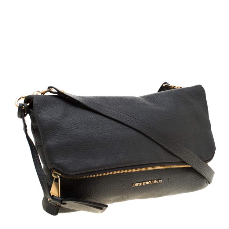Pre Owned Emporio Armani Grey Leather Zip Flap Convertible Shoulder Bag