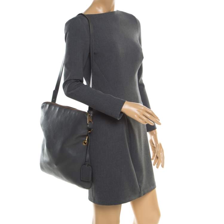 Pre Owned Emporio Armani Grey Leather Zip Flap Convertible Shoulder Bag