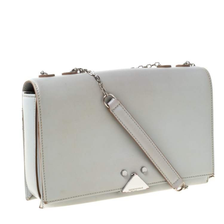 Pre Owned Emporio Armani Grey Leather Double Chain Shoulder Bag
